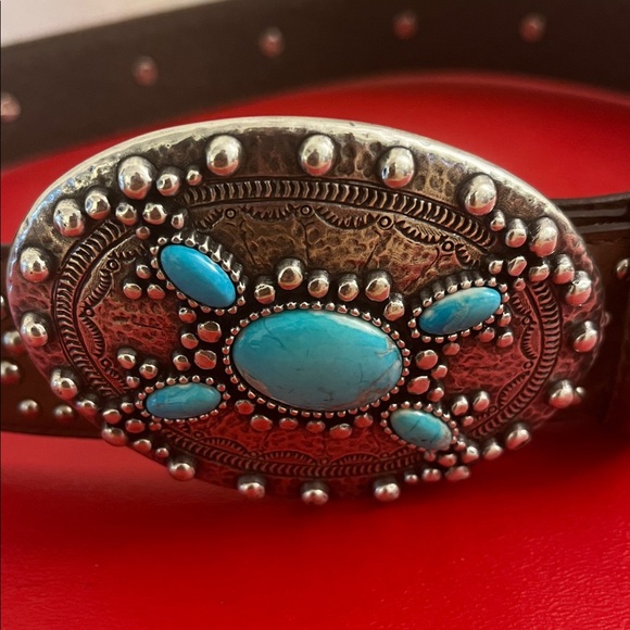 Justin Boots Brown Belt with Turquoise Embellishments - Picture 2 of 5
